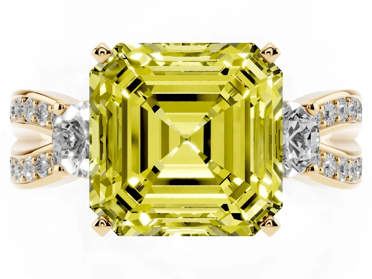 Fancy Yellow Three-Stone Asscher Cut Cut Diamond Twist Band with Prong Setting Yellow gold