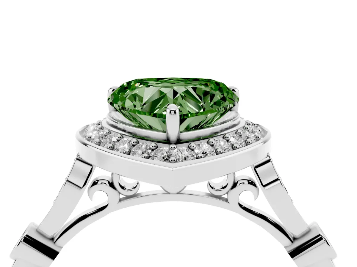 Fancy Green Heart Cut Halo Diamond Engagement Ring with Twisted Band and Four-Prong Setting Platinum