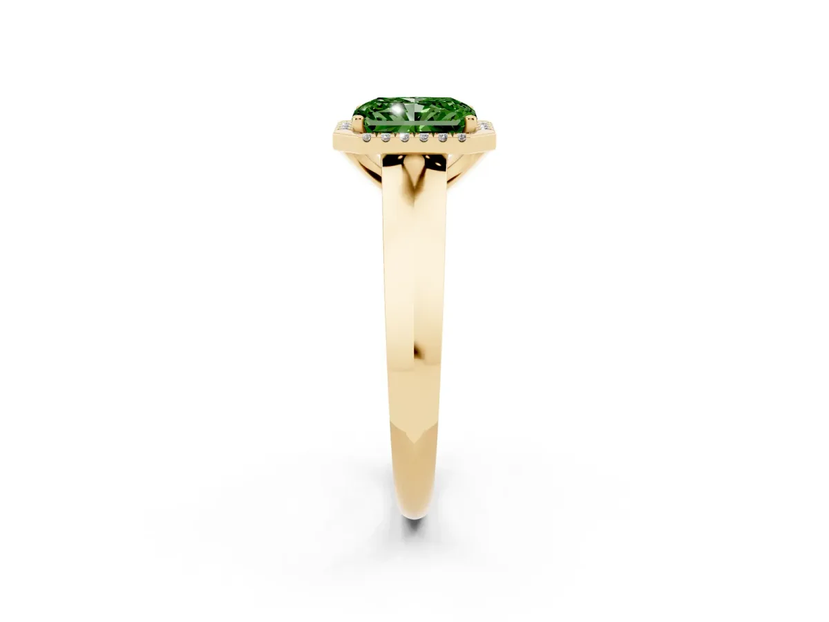 Fancy Green Radiant Cut Halo Diamond Ring with Cathedral Band and Four-Prong Setting Yellow gold