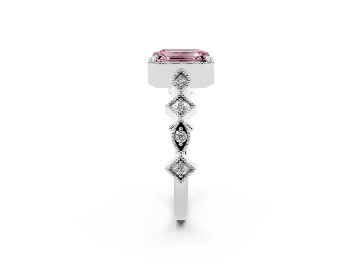 Fancy Pink Emerald Cut Milgrain Marquise Diamond Twist Band Ring Silver