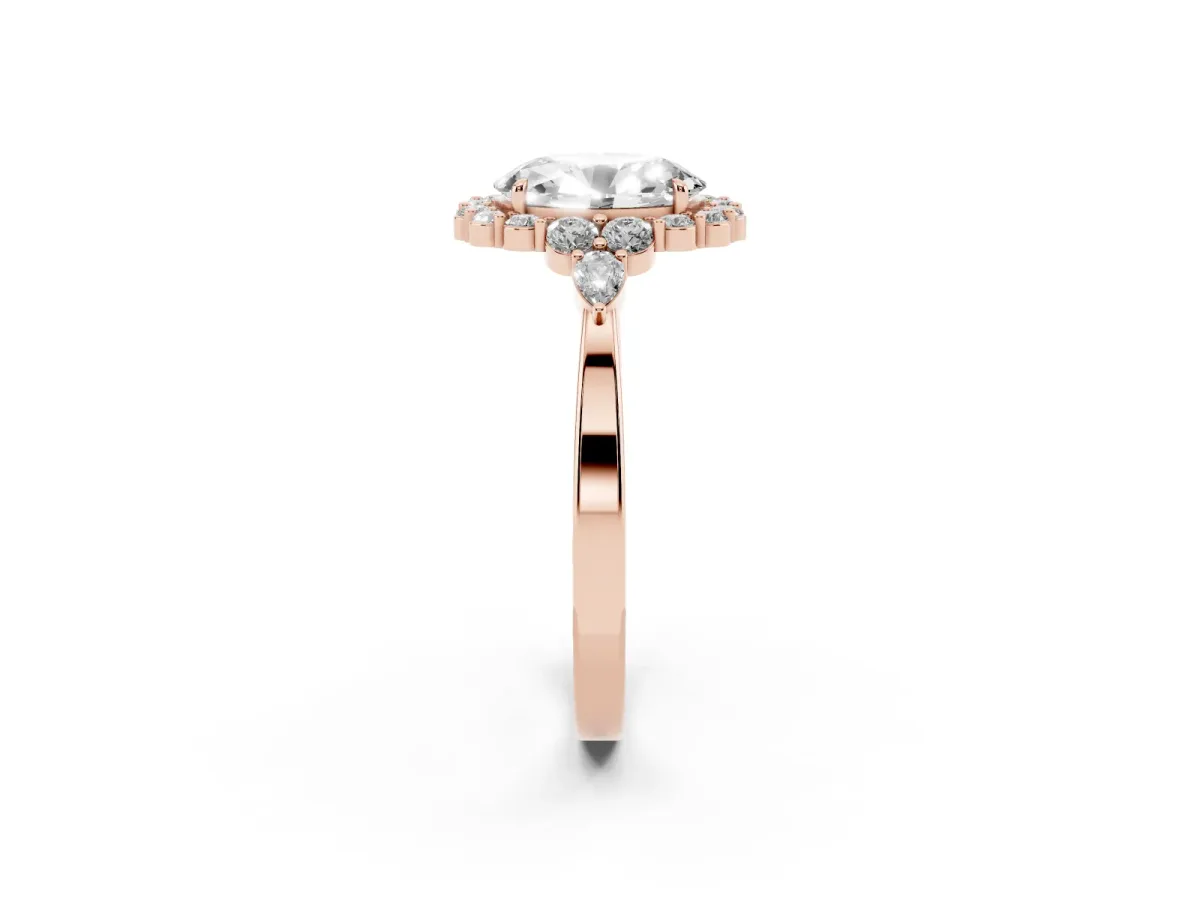 Oval Cut Diamond Halo Ring with Pear Side Stones and Prong Setting Rose gold