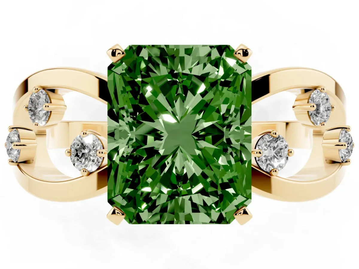 Fancy Green Radiant Cut Cut Solitaire Diamond with Side Stones on Criss-Cross Band and Four-Prong Setting Yellow gold