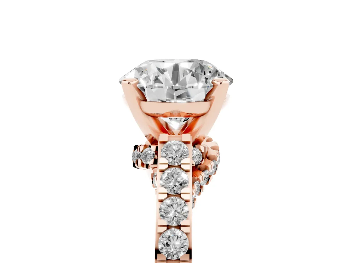 Round Cut Diamond Solitaire Ring with Crossover Gallery and Round Pavé Band Rose gold