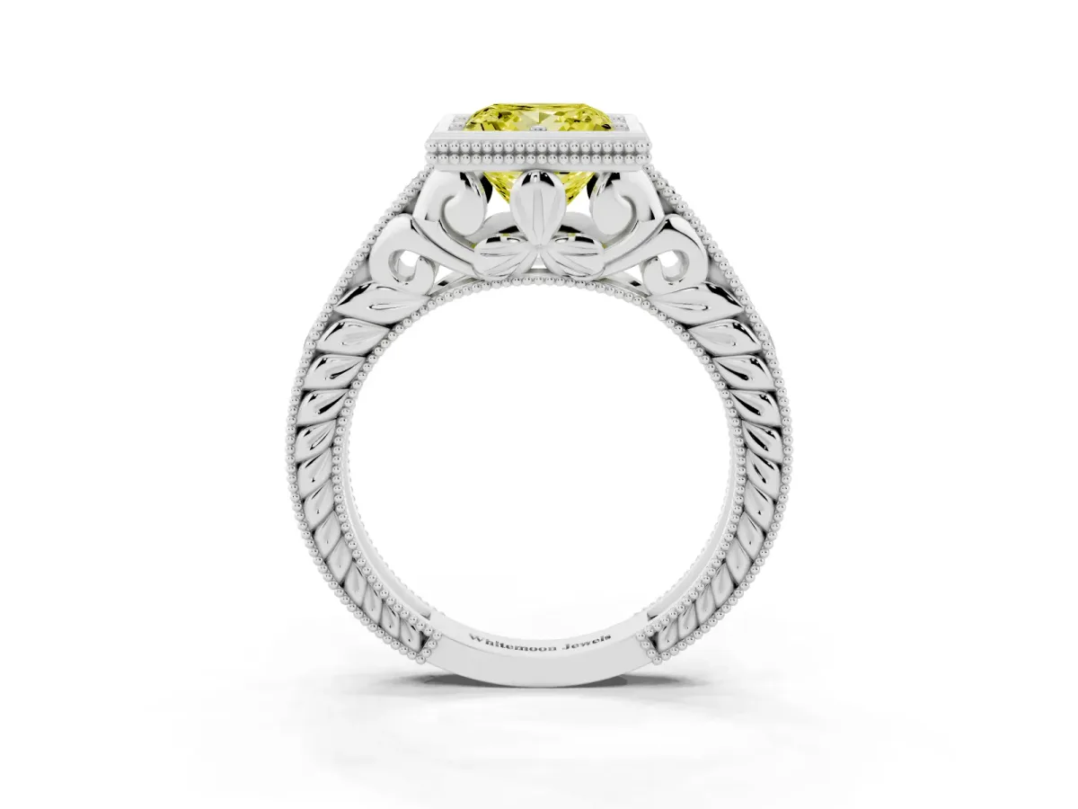 Fancy Yellow Bezel Set Princess Cut Diamond Milgrain Pave Engagement Ring Silver
