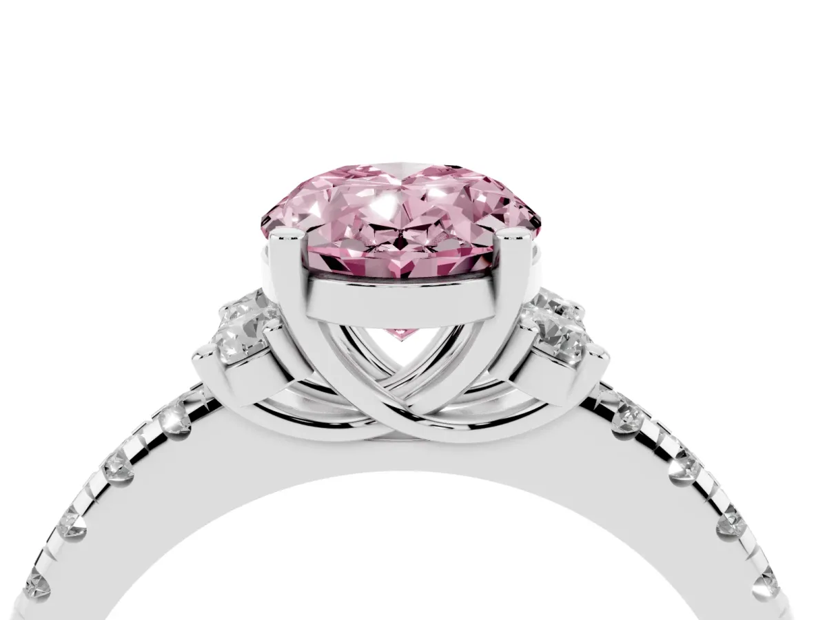 Fancy Pink Oval Cut Diamond Three-Stone Pave Band with Four-Prong Setting Silver