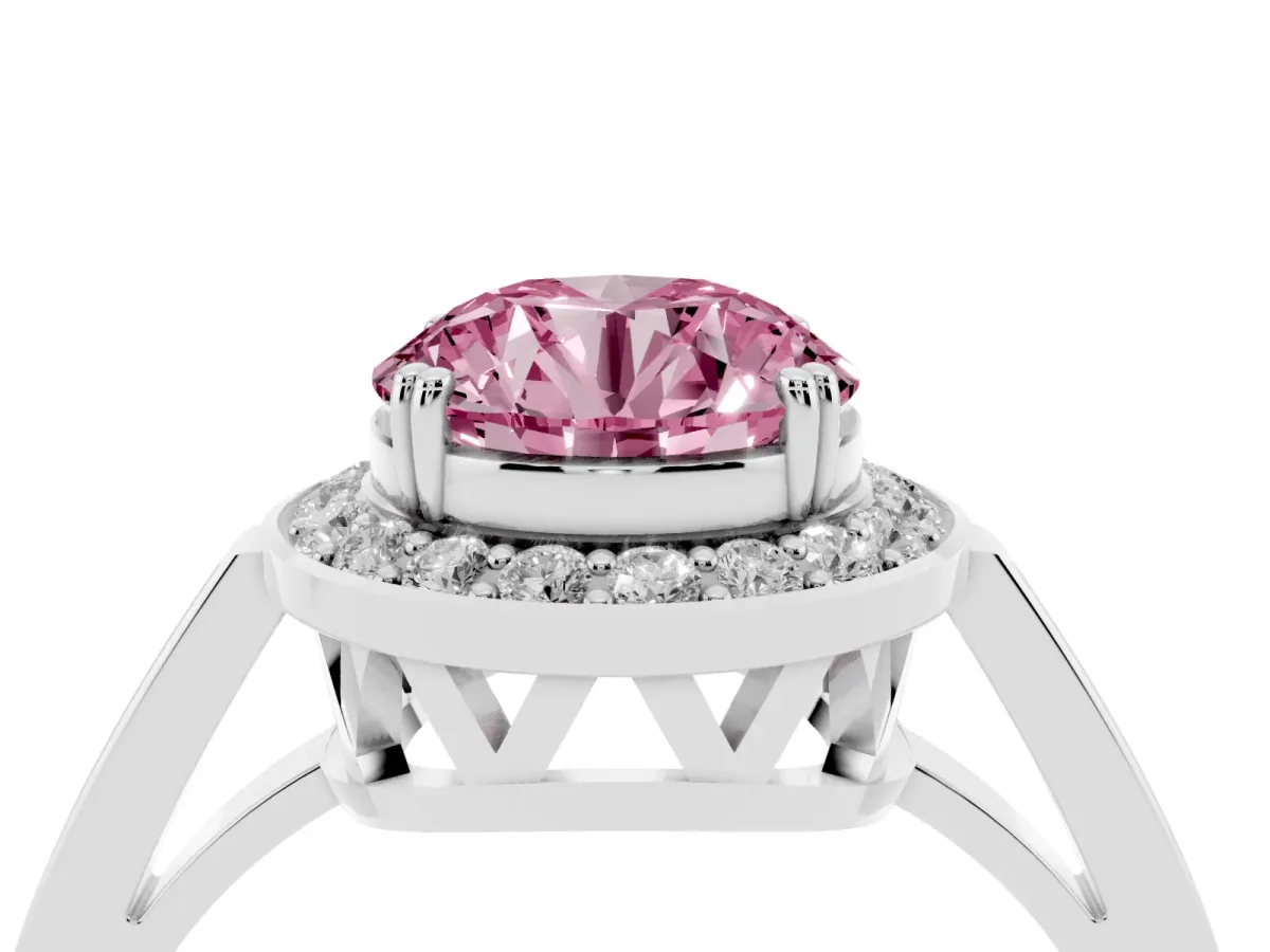 Fancy Pink Round Cut Diamond Halo Ring with Split Shank and Four-Prong Setting Platinum