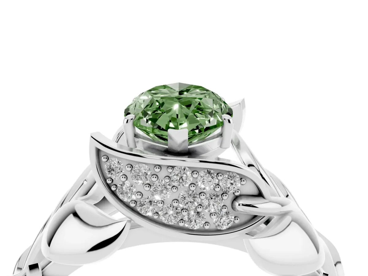 Fancy Green Marquise Cut Diamond Leaf-Inspired Engagement Ring with Round Accents and Prong Setting White gold
