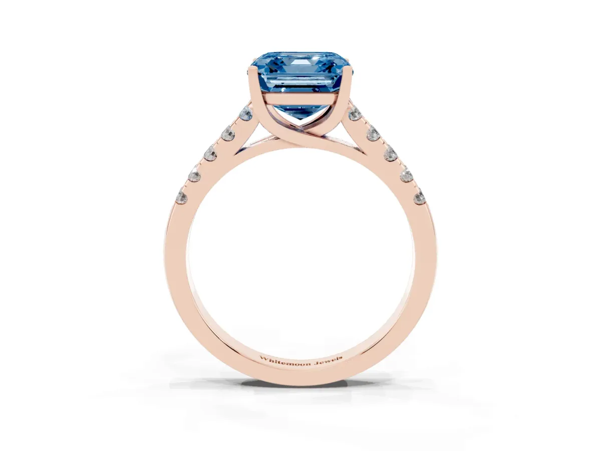 Fancy Blue Asscher Cut Diamond Pavé Band Solitaire Ring with Prong Setting Rose gold