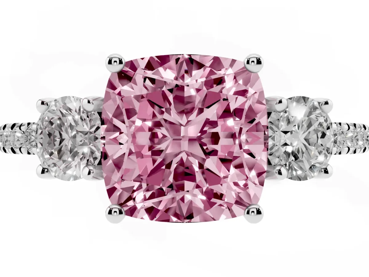 Fancy Pink Three-Stone Cushion Cut Cut Diamond Pavé Band with Prong Setting Platinum