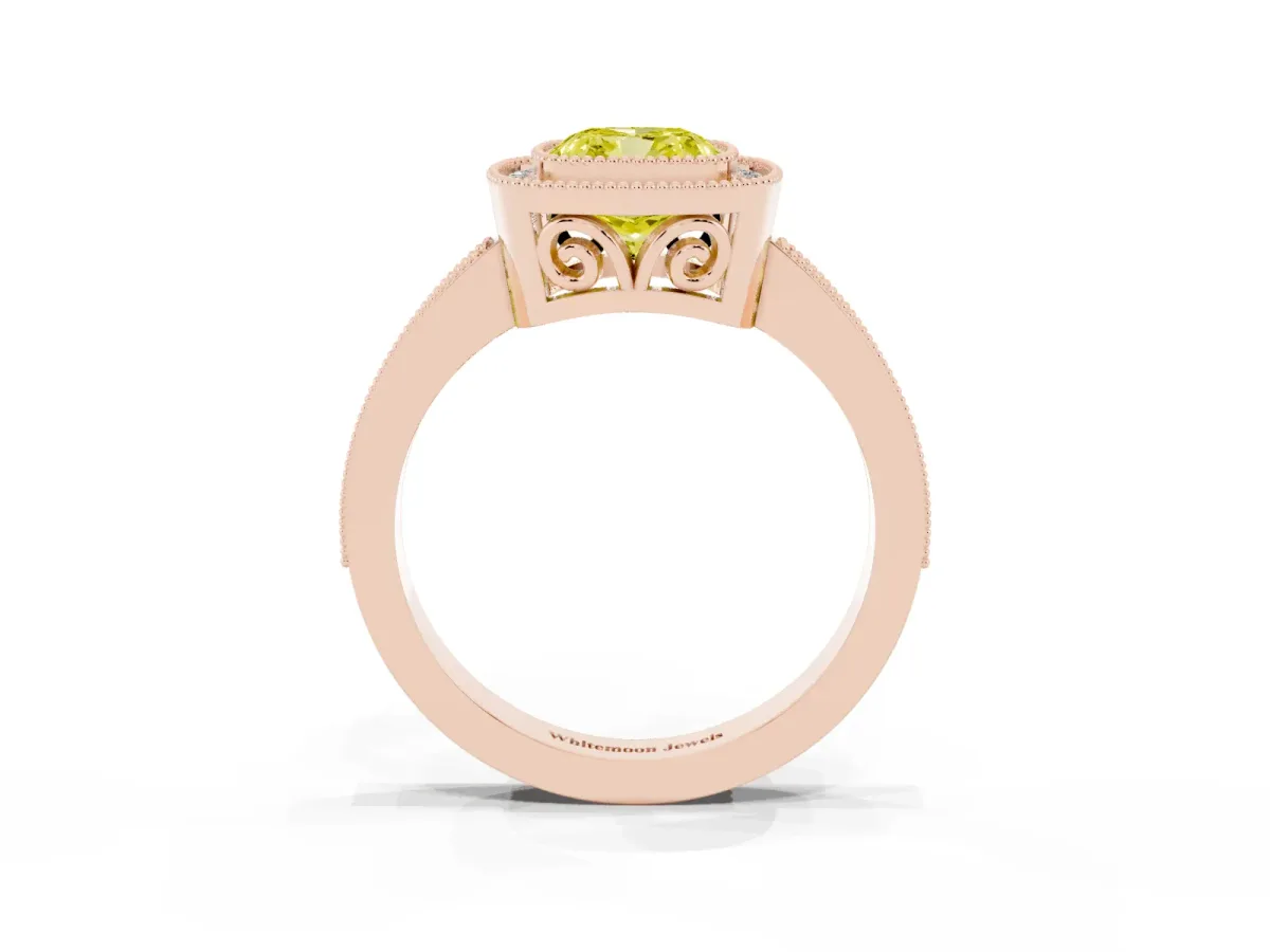 Fancy Yellow Cushion Cut Cut Halo Diamond Ring with Pavé Band and Milgrain Prong Setting Rose gold