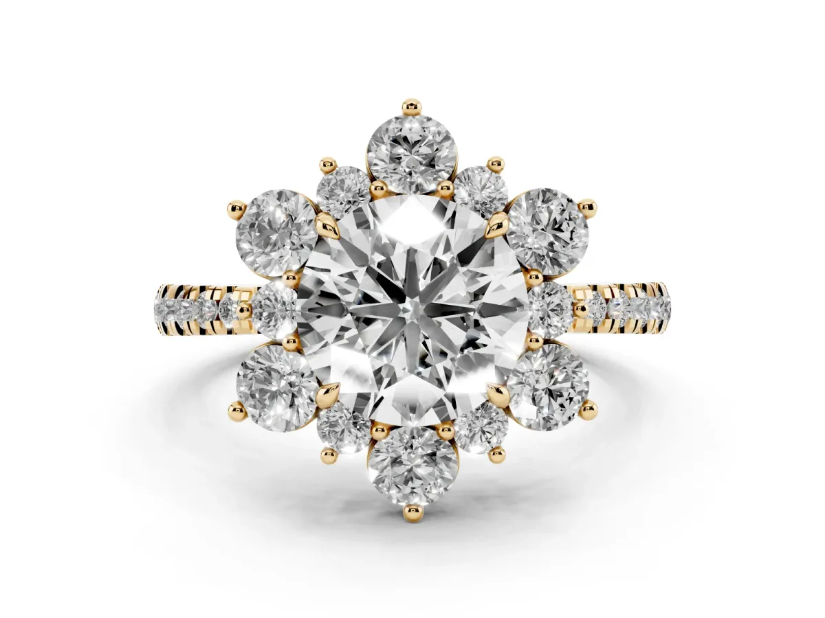Round Cut Diamond Floral Halo Ring with Round Pavé Band and Prong Setting Yellow gold