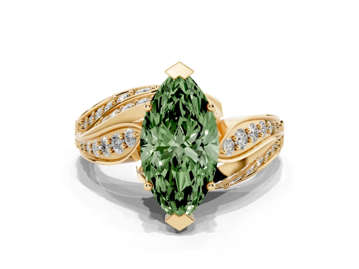 Fancy Green Marquise Cut Diamond Solitaire Ring with Prong Setting and Twisted Pavé Band Yellow gold