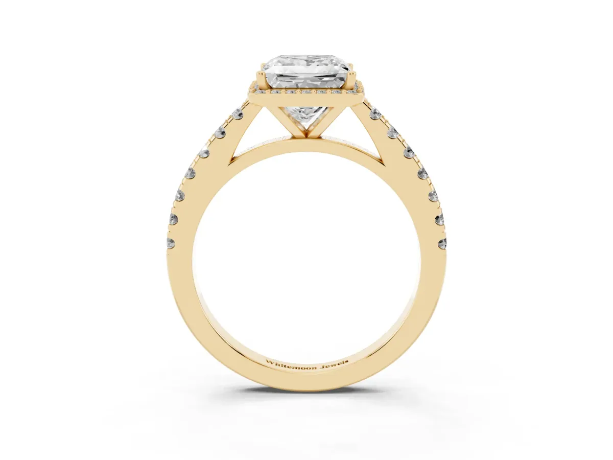 Princess Cut Cut Halo Diamond Engagement Ring with Pave Band and Four-Prong Setting Yellow gold