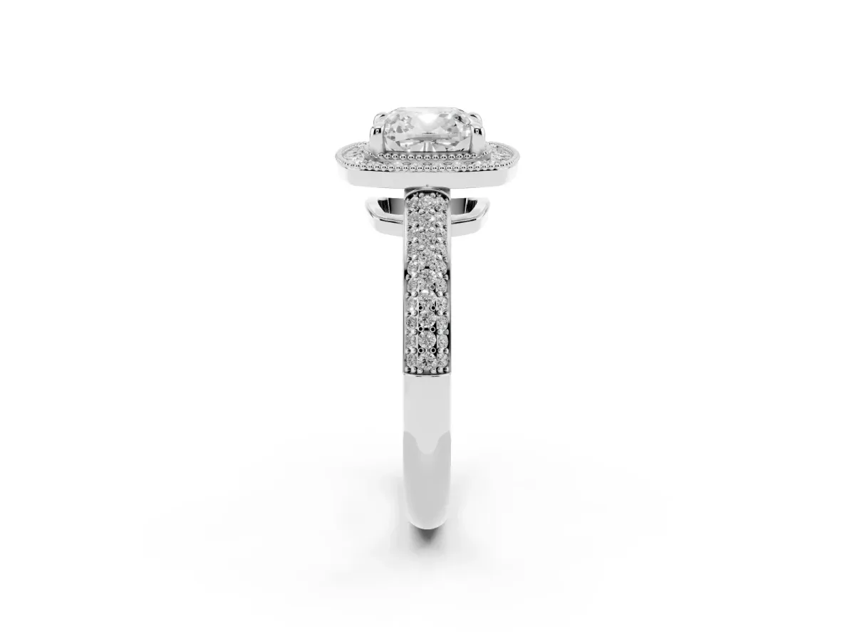 Cushion Cut Cut Halo Diamond Pave Band with Four-Prong Setting Silver