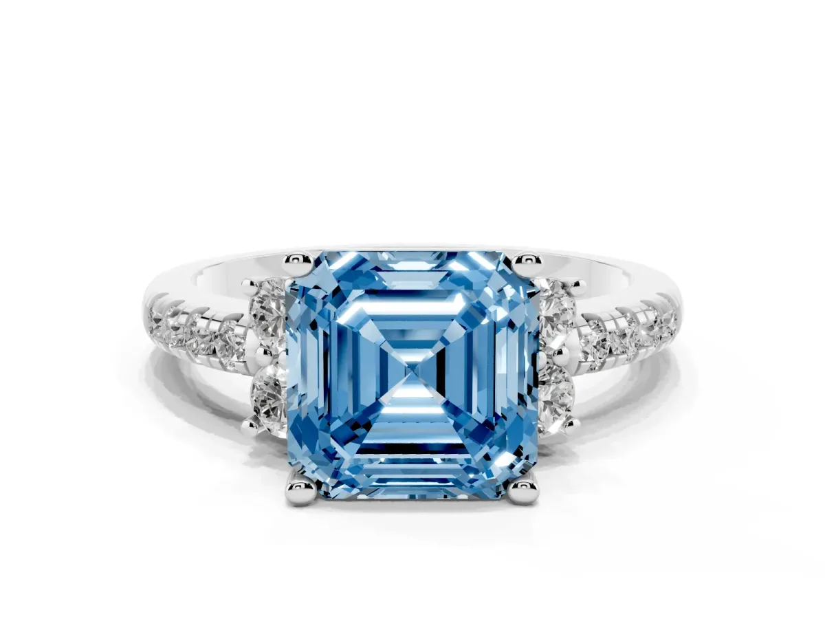 Fancy Blue Asscher Cut Diamond Three-Stone Pave Band with Four-Prong Setting Platinum