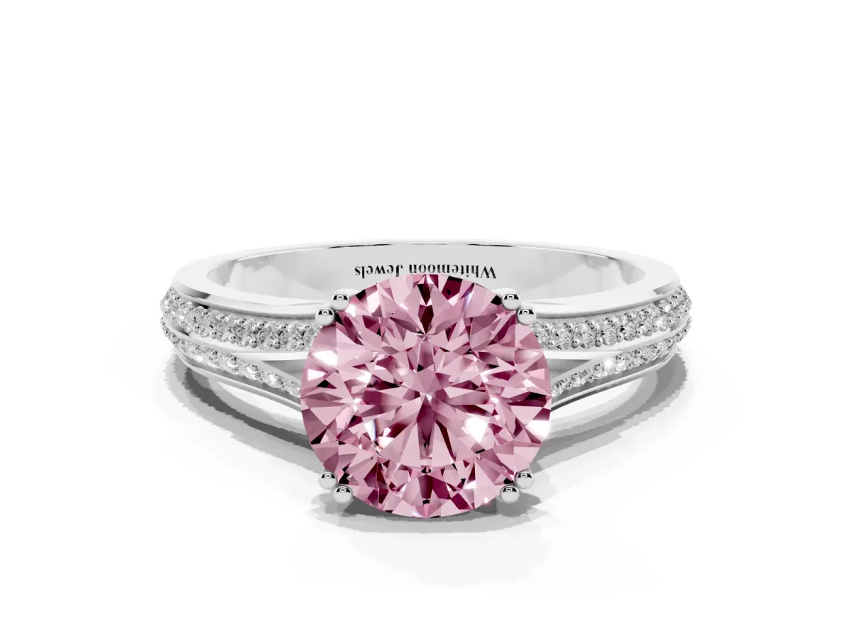 Fancy Pink Round Cut Diamond Split Shank Engagement Ring with Pavé Band Silver