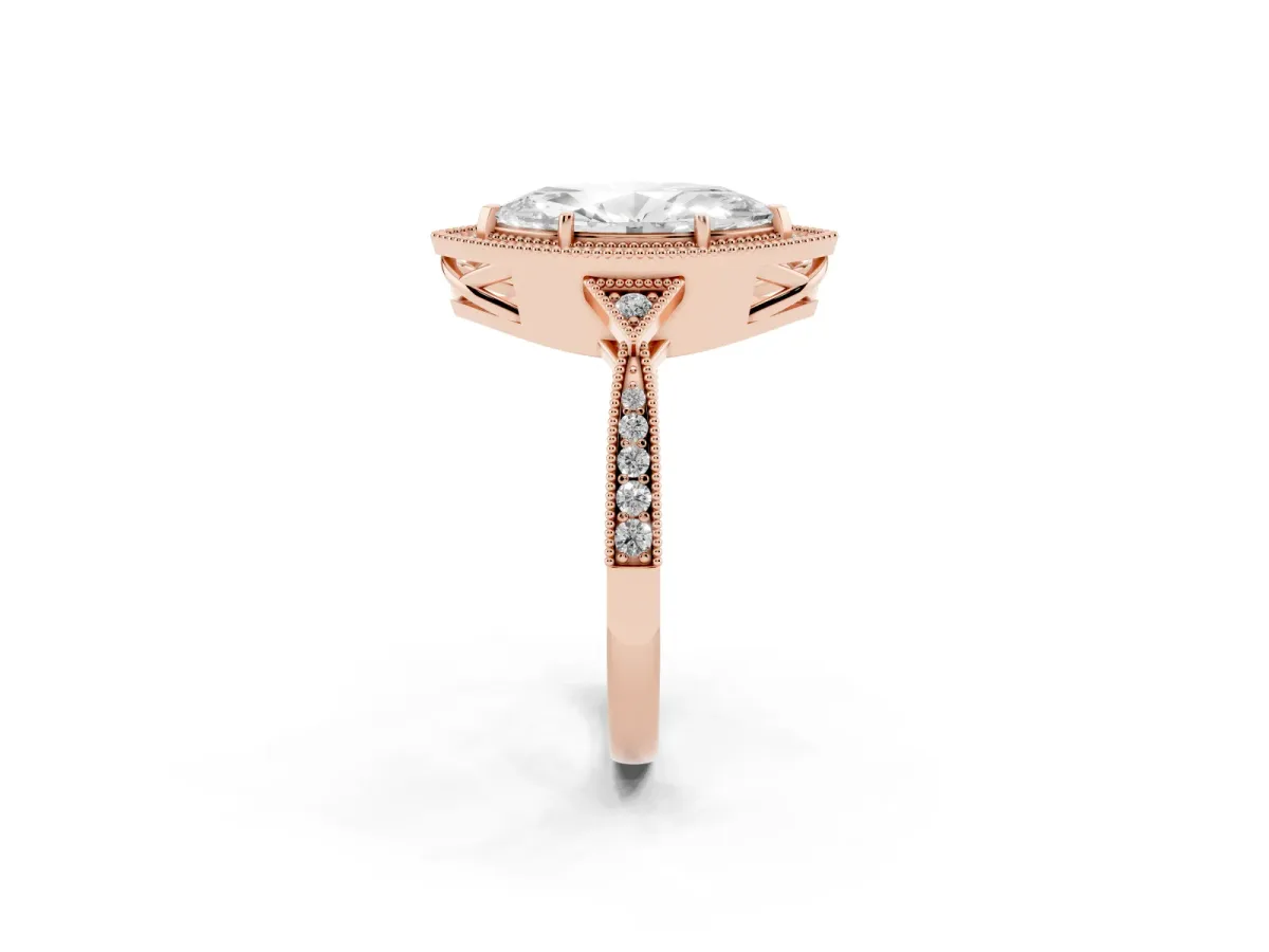 Marquise Cut Halo Round Diamond Milgrain Pave Engagement Ring Rose gold