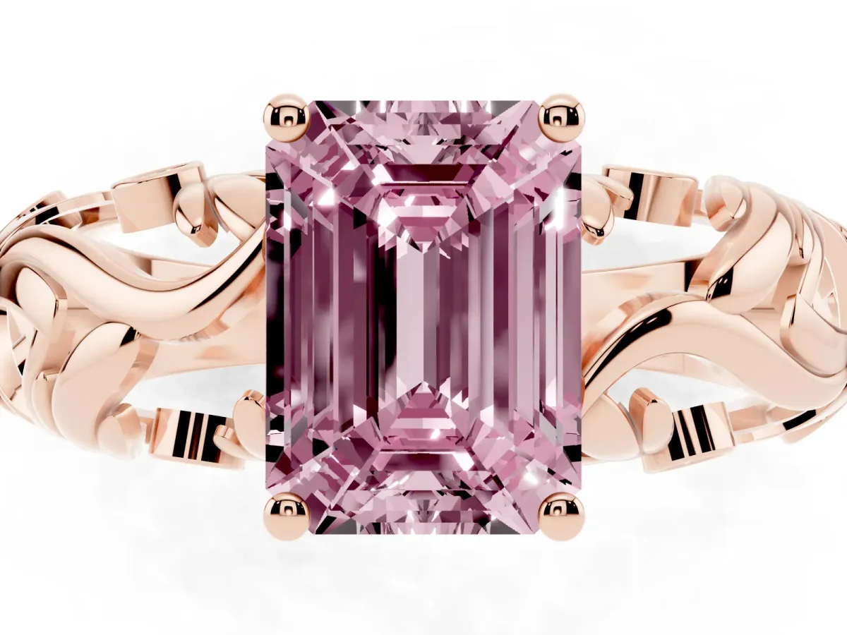 Fancy Pink Emerald Cut Solitaire Diamond Leaf-Inspired Vine Band Ring with Prong Setting Rose gold