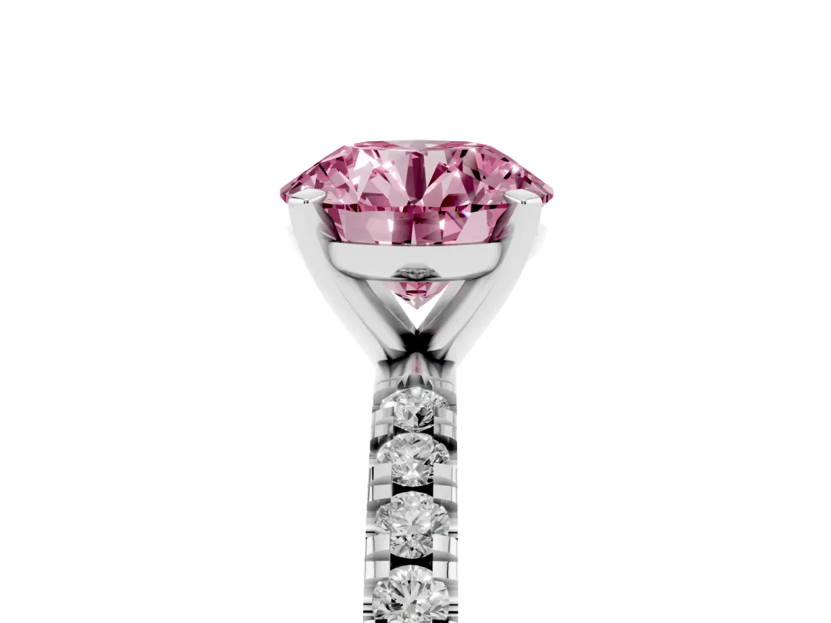 Fancy Pink Round Cut Diamond Pavé Band Solitaire with Four-Prong Setting Silver