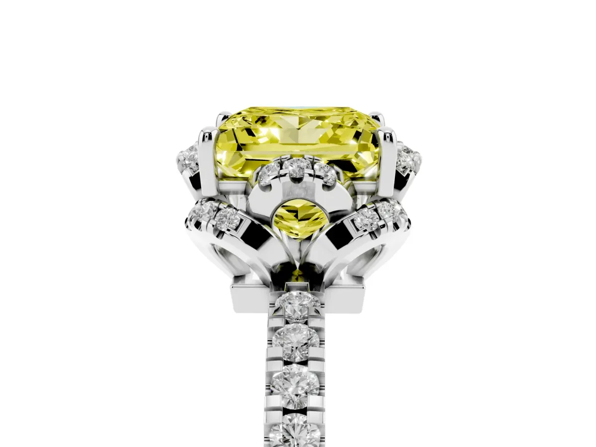 Fancy Yellow Princess Cut Diamond Halo Pave Band with Four-Prong Setting Silver