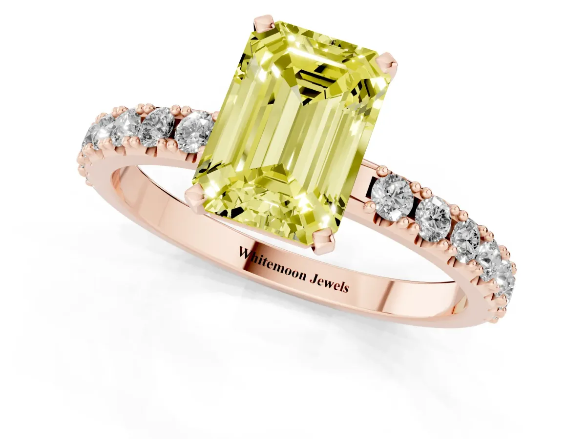Fancy Yellow Emerald Cut Diamond Solitaire Pavé Band with Four-Prong Setting Rose gold