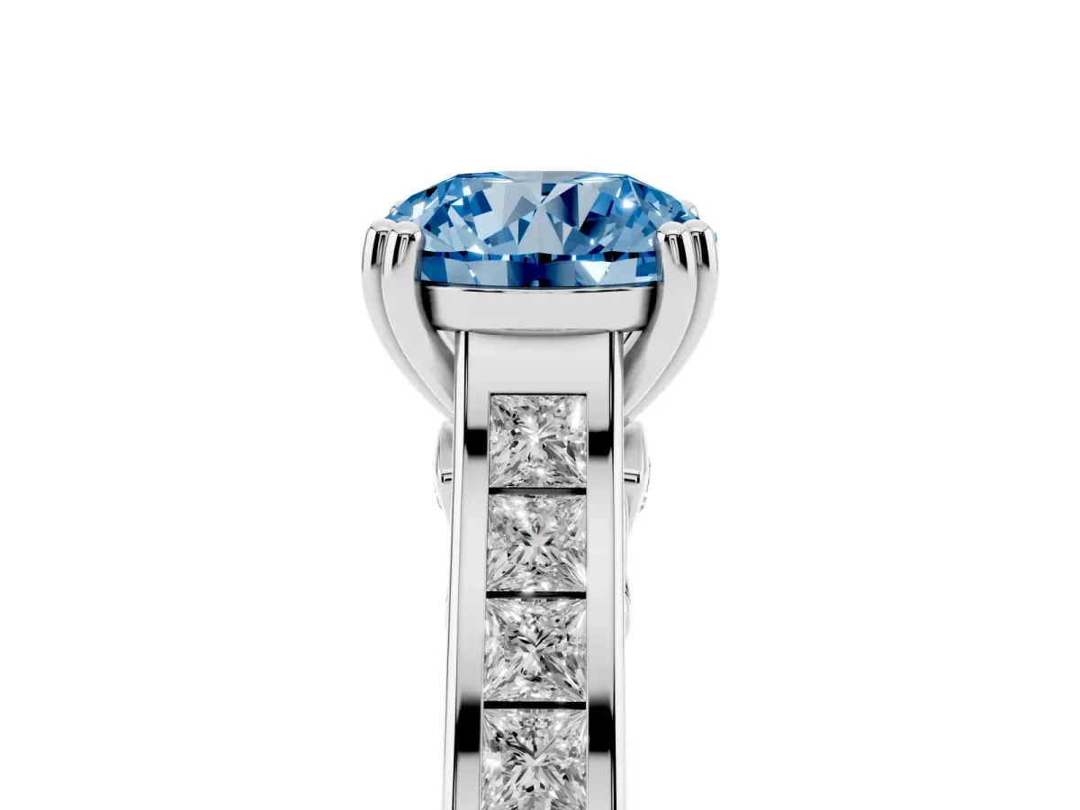 Fancy Blue Round Cut Cut Channel Set Solitaire Engagement Ring with Prong Setting Platinum