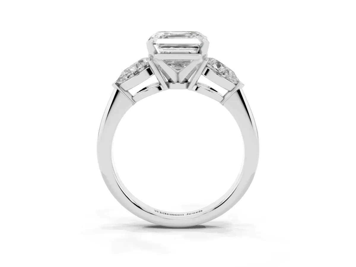 Three-Stone Asscher Cut Diamond Ring with Pear Side Stones and Four-Prong Setting Silver