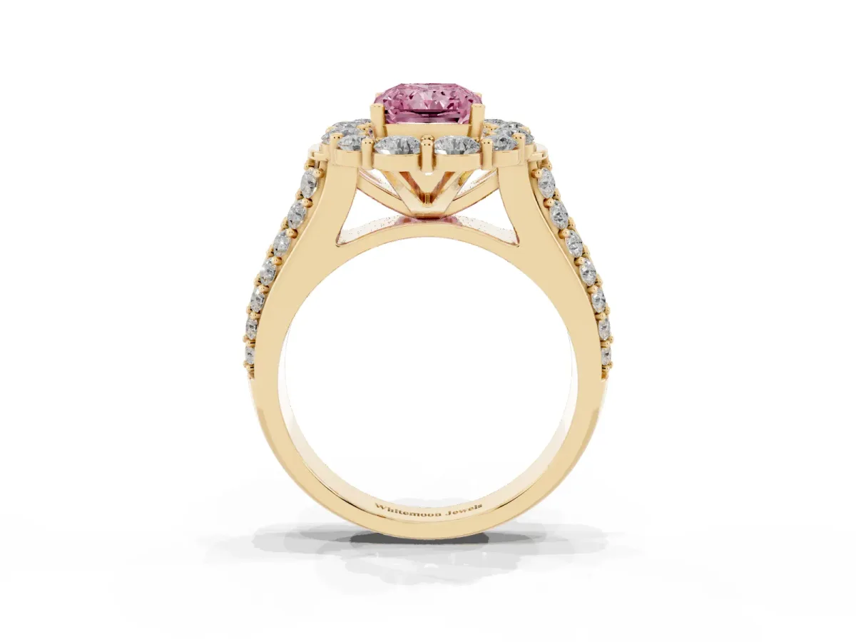 Fancy Pink Radiant Cut Halo Diamond Engagement Ring with Split Shank and Prong Setting Yellow gold