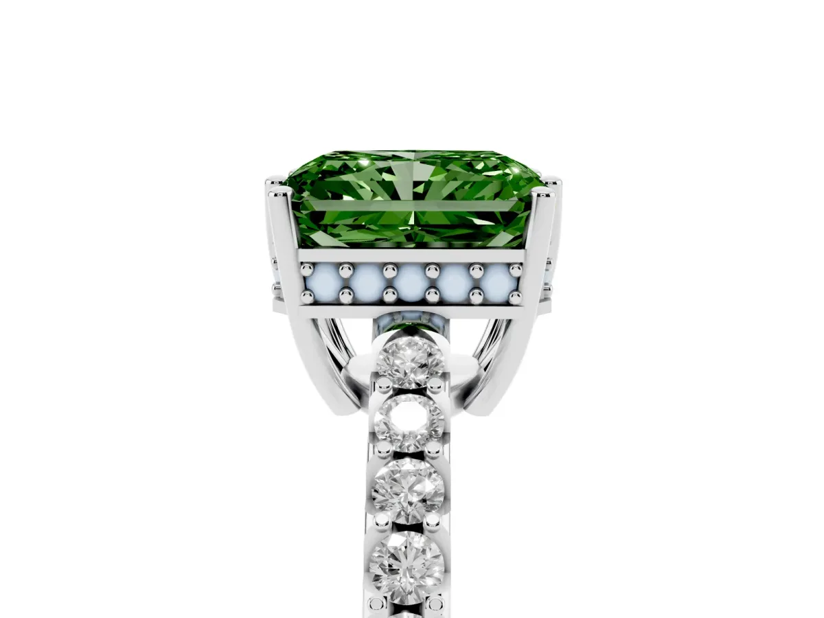 Fancy Green Radiant Cut Solitaire Diamond Engagement Ring with Pavé Band and Six-Prong Setting Platinum