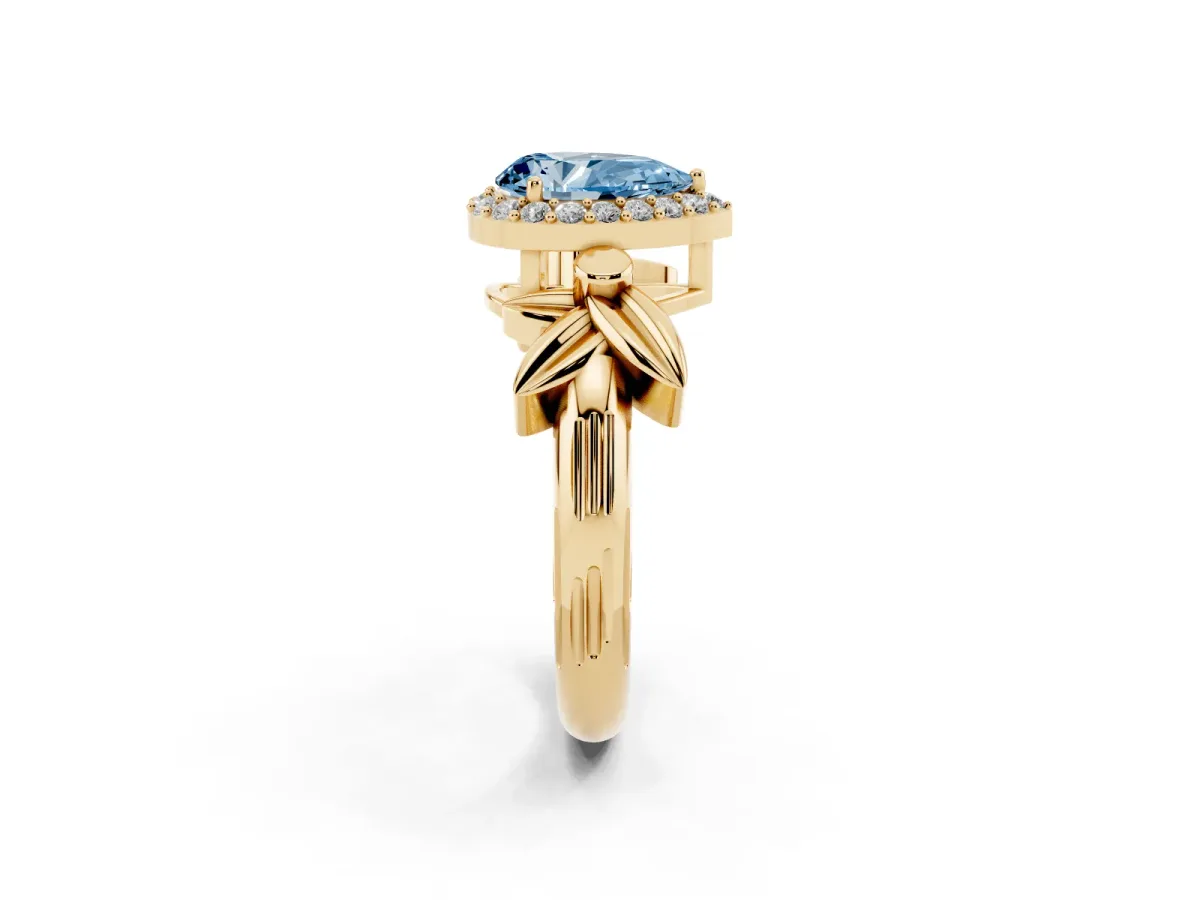 Fancy Blue Pear Cut Halo Diamond Floral Band with Four-Prong Setting Yellow gold