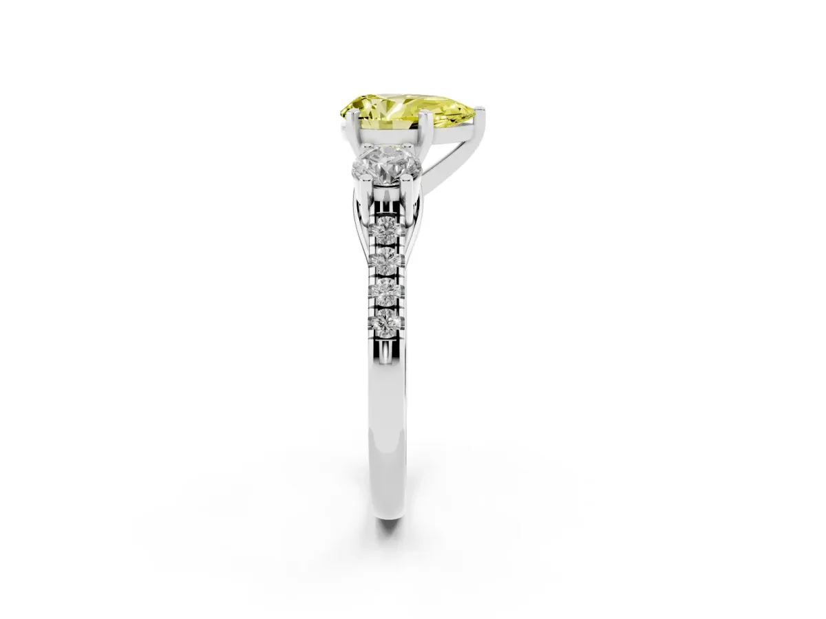 Fancy Yellow Three-Stone Pear Cut Diamond Pavé Band with Four-Prong Setting Platinum