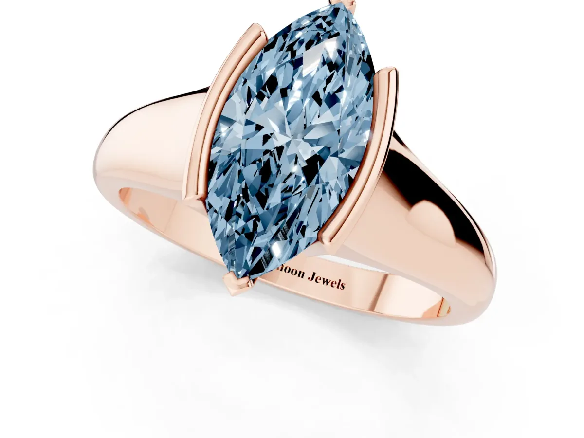 Fancy Blue Marquise Cut Solitaire Tension Set Diamond Ring with Split Shank Band Rose gold