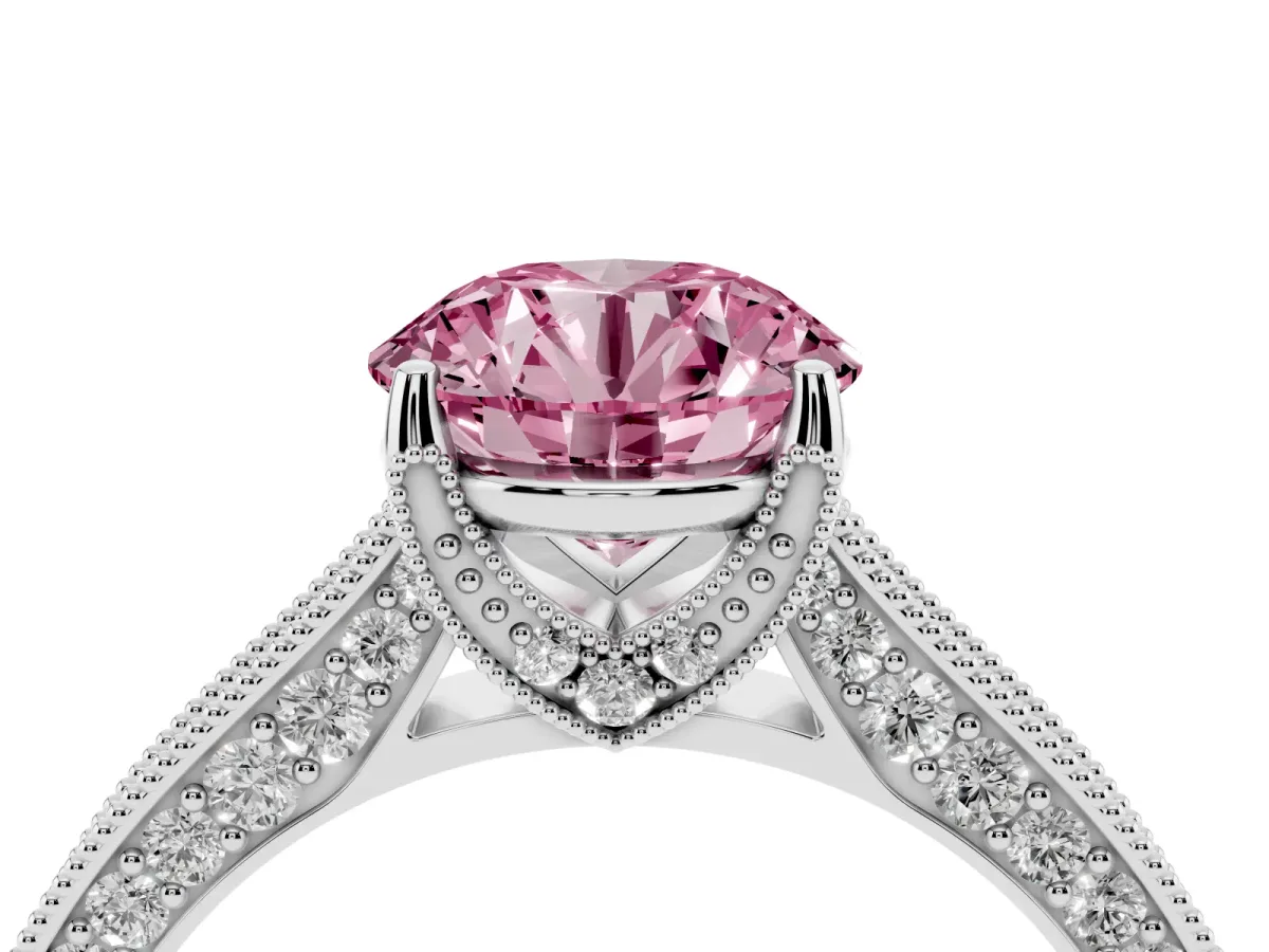 Fancy Pink Round Cut Cut Diamond Solitaire Ring with Milgrain Pave Band and Four Prong Setting Silver
