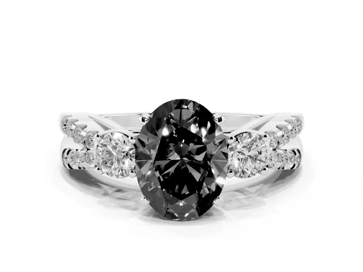 Fancy Black Oval Cut Diamond Three-Stone Ring with Pavé Split Shank and Four-Prong Setting Silver
