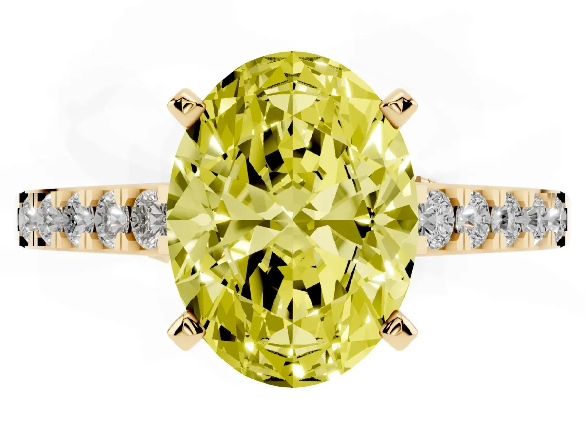 Fancy Yellow Oval Cut Diamond Solitaire Ring with Crossover Gallery and Round Pavé Band Yellow gold