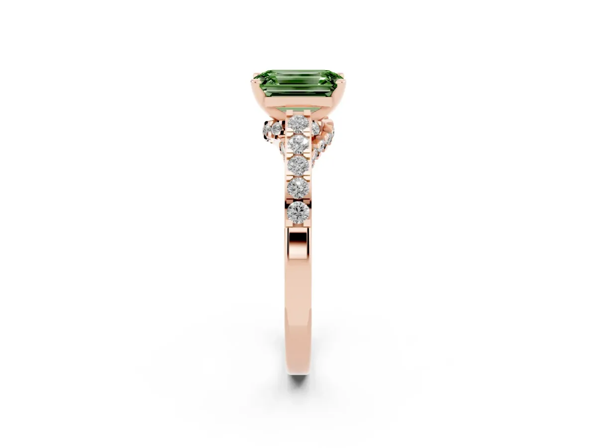Fancy Green Emerald Cut Diamond Solitaire Ring with Crossover Gallery and Round Pavé Band Rose gold
