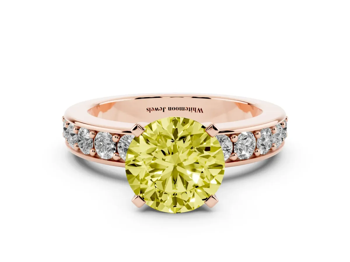 Fancy Yellow Round Cut Diamond Engagement Ring with Channel Set Round Band and Prong Setting Rose gold