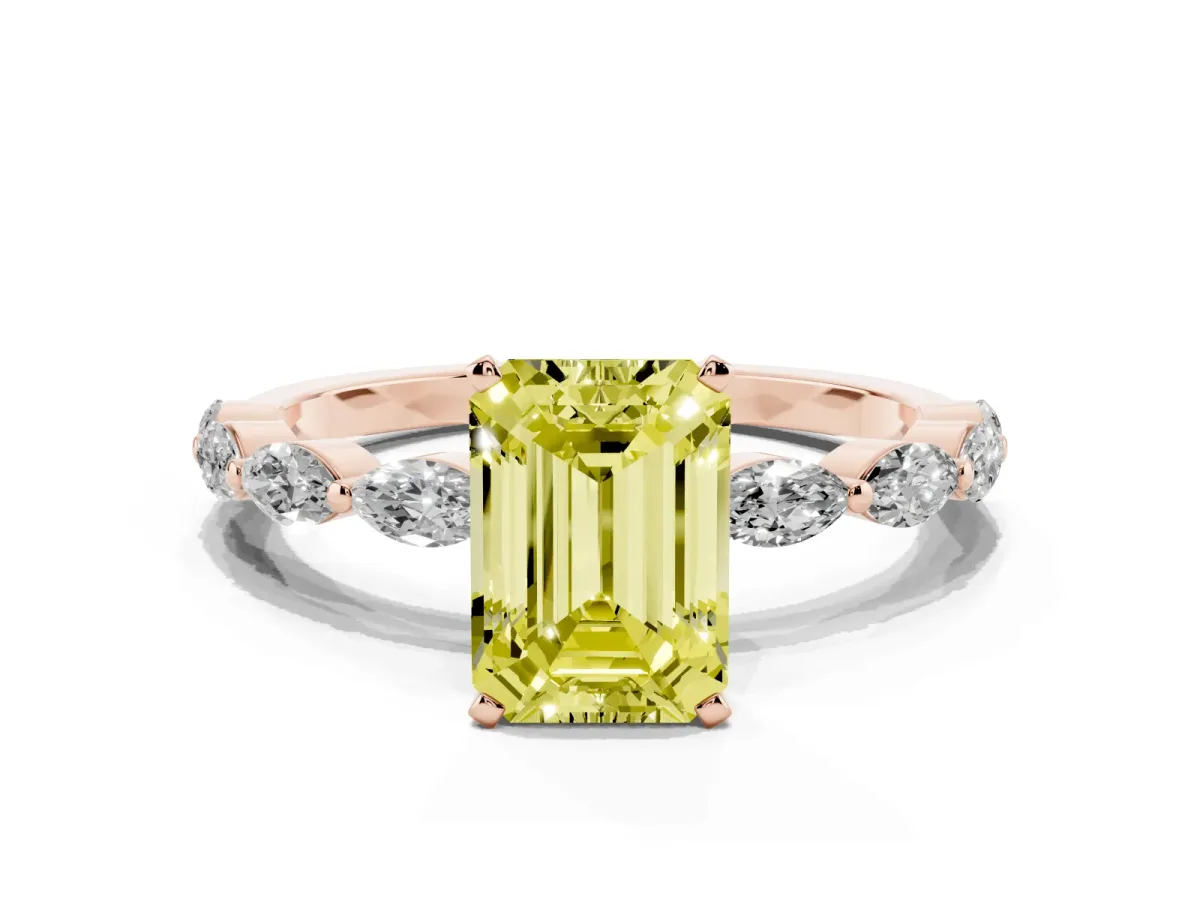 Fancy Yellow Emerald Cut Diamond Ring with Marquise Side Stones and Prong Setting Rose gold