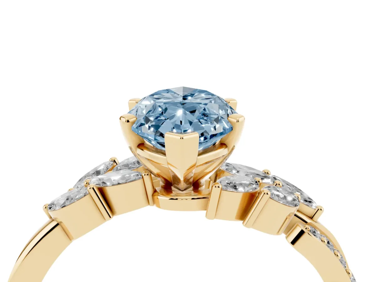 Fancy Blue Marquise Cut Solitaire Marquise Twist Band with Six-Prong Setting Yellow gold