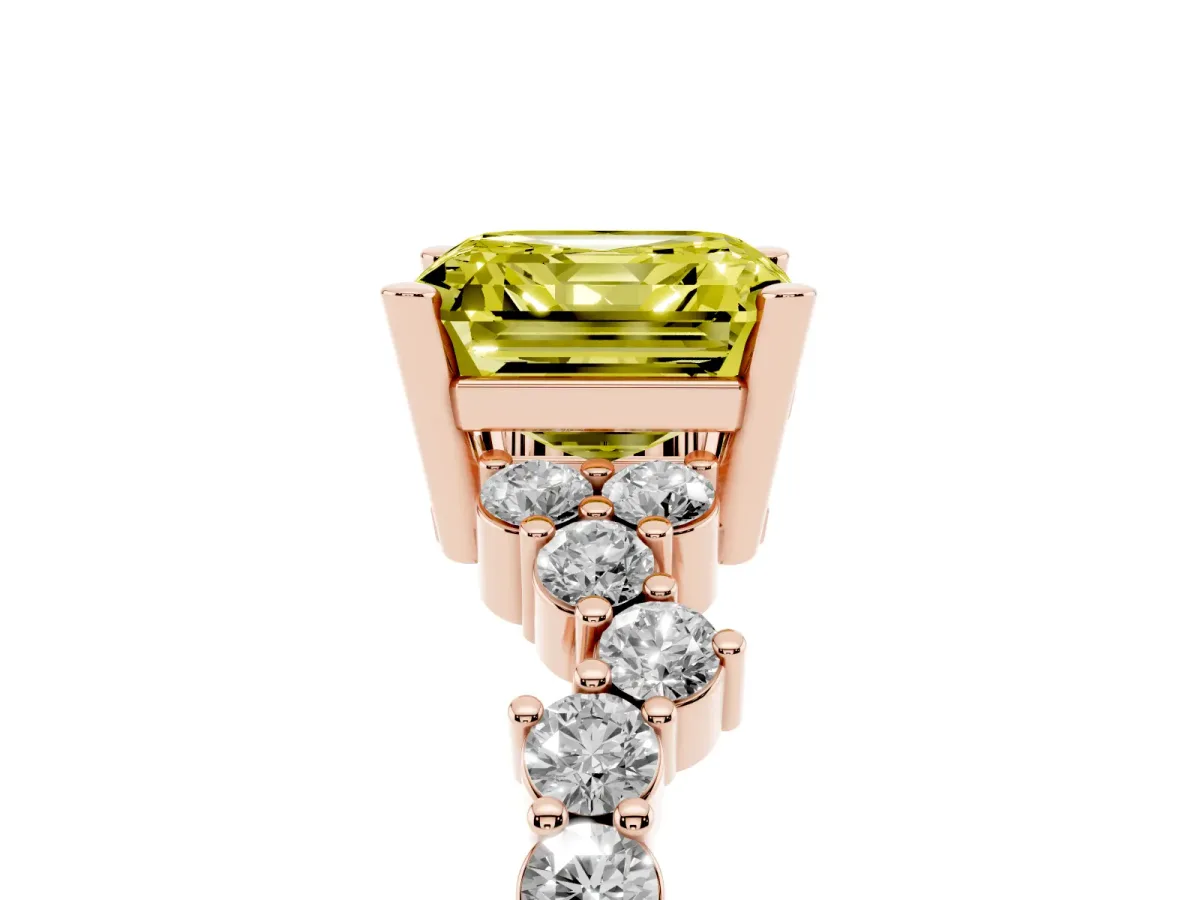 Fancy Yellow Asscher Cut Diamond Scattered Round Accent Ring with Prong Setting Rose gold