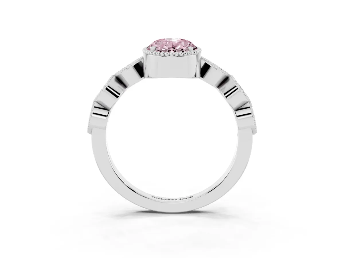 Fancy Pink Oval Cut Diamond Vintage Milgrain Ring with Round Stations Silver