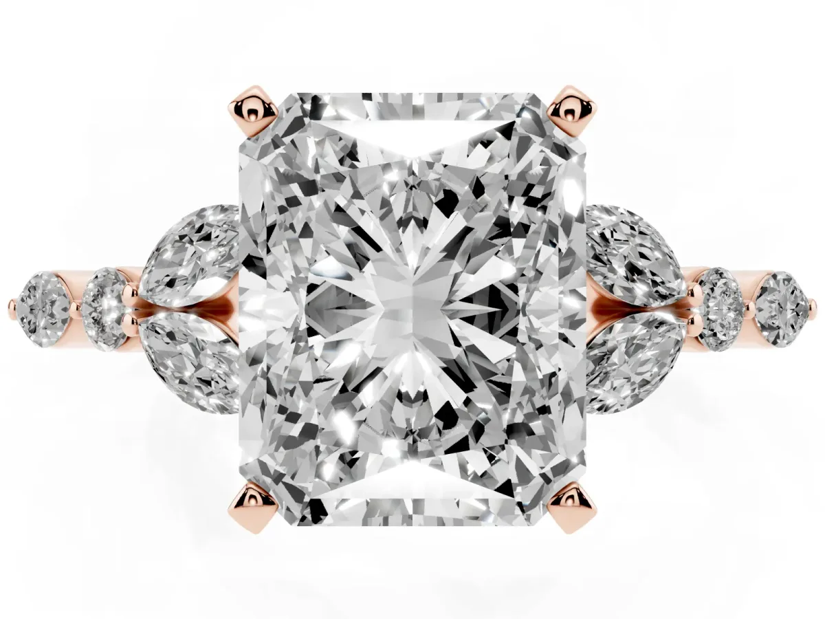 Radiant Cut Diamond Solitaire Ring with Side Stones and Four-Prong Setting Rose gold