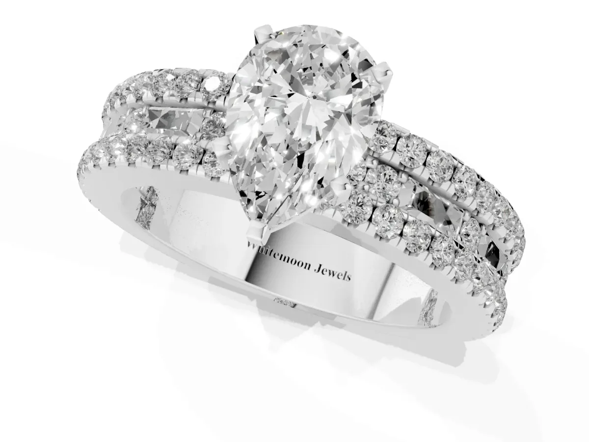 Pear Cut Diamond Solitaire Ring with Pavé and Channel Set Band Silver