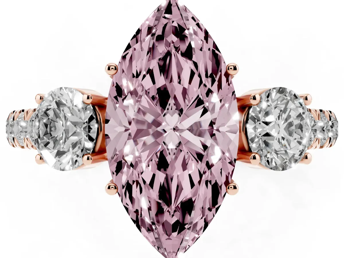 Fancy Pink Marquise Cut Cut Diamond Three-Stone Ring with Round Side Stones and Pavé Band Rose gold