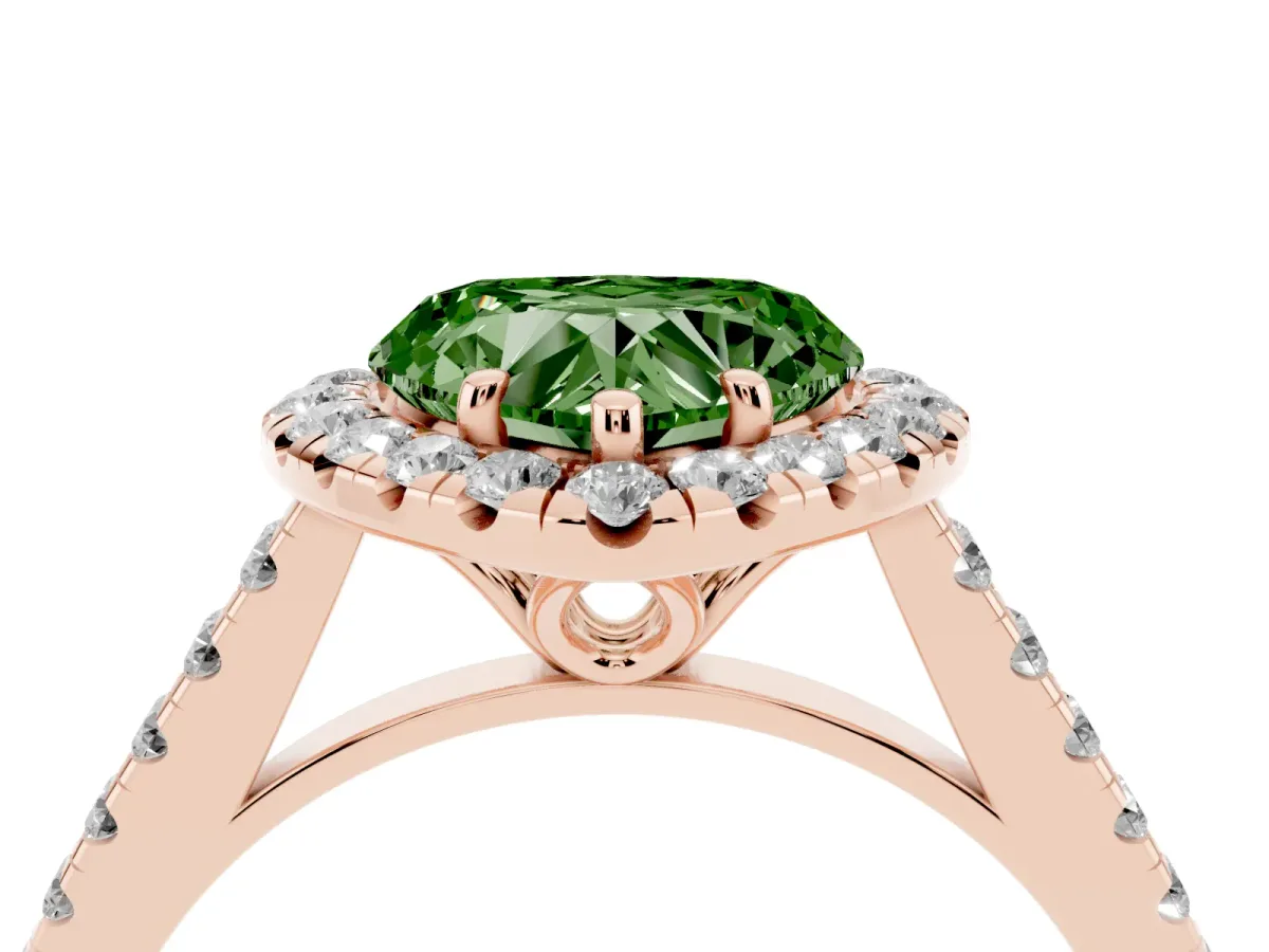 Fancy Green Heart Cut Halo Pavé Diamond Engagement Ring with Four-Prong Setting Rose gold
