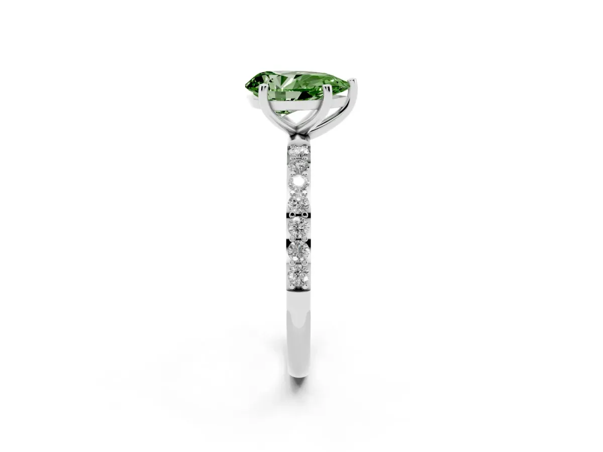Fancy Green Pear Cut Diamond Solitaire Ring with Round Pavé Shoulders and Prong Setting Silver