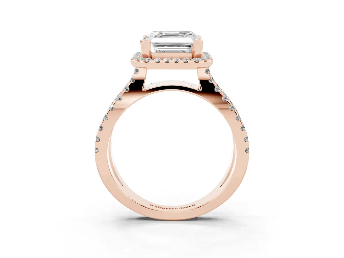 Asscher Cut Diamond Halo Ring with Split Shank Pavé Band and Prong Setting Rose gold