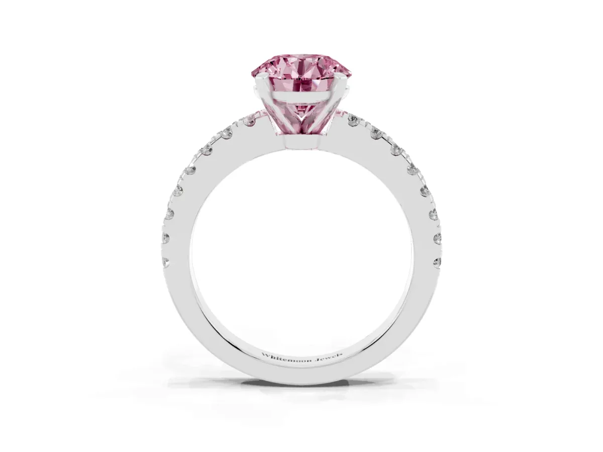 Fancy Pink Round Cut Solitaire Diamond with Pavé Band and Four-Prong Setting Silver
