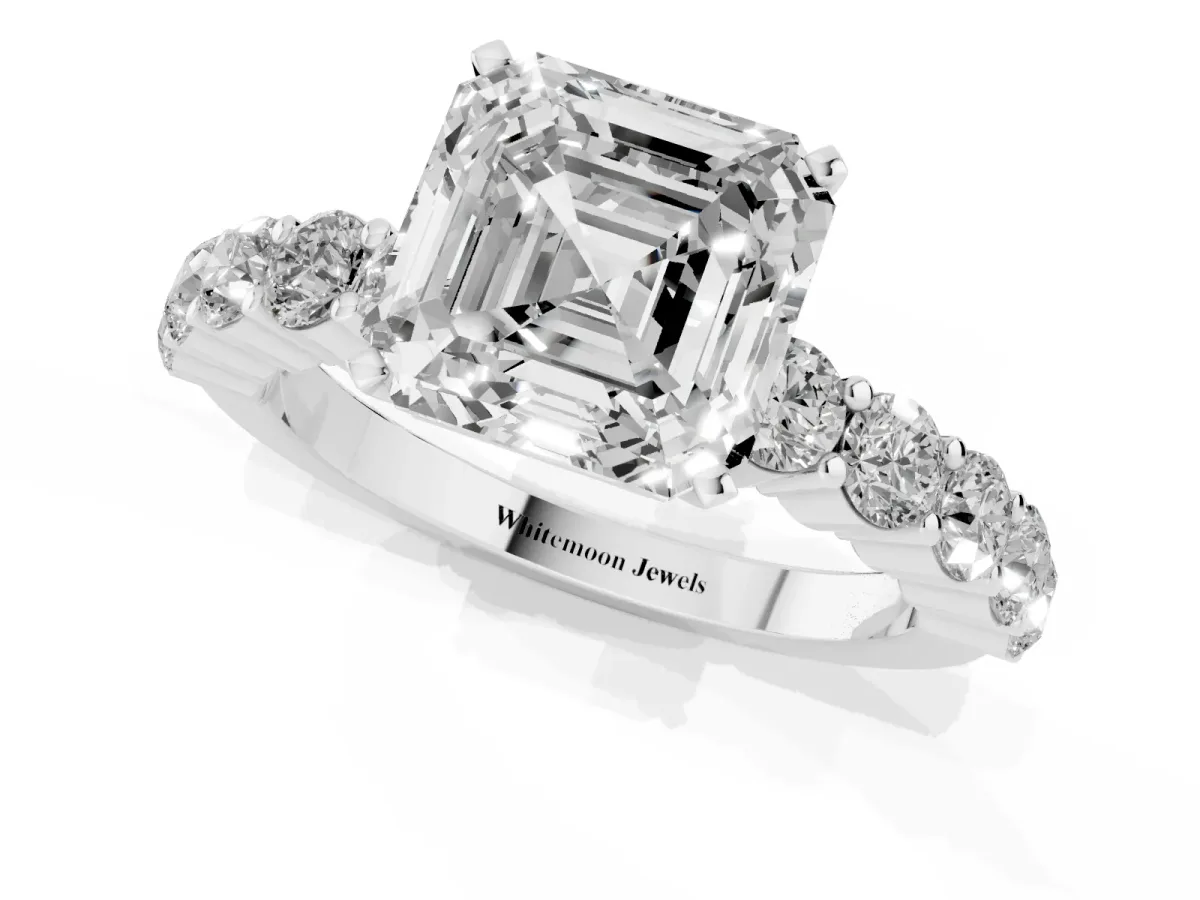 Asscher Cut Diamond Solitaire Ring with Shared Prong Round Side Stones Silver