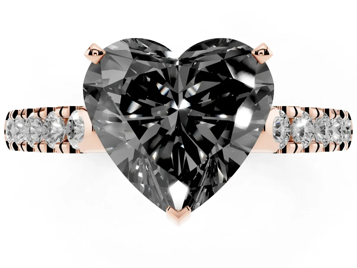 Fancy Black Heart Cut Diamond Pavé Band Solitaire Ring with Prong Setting Rose gold